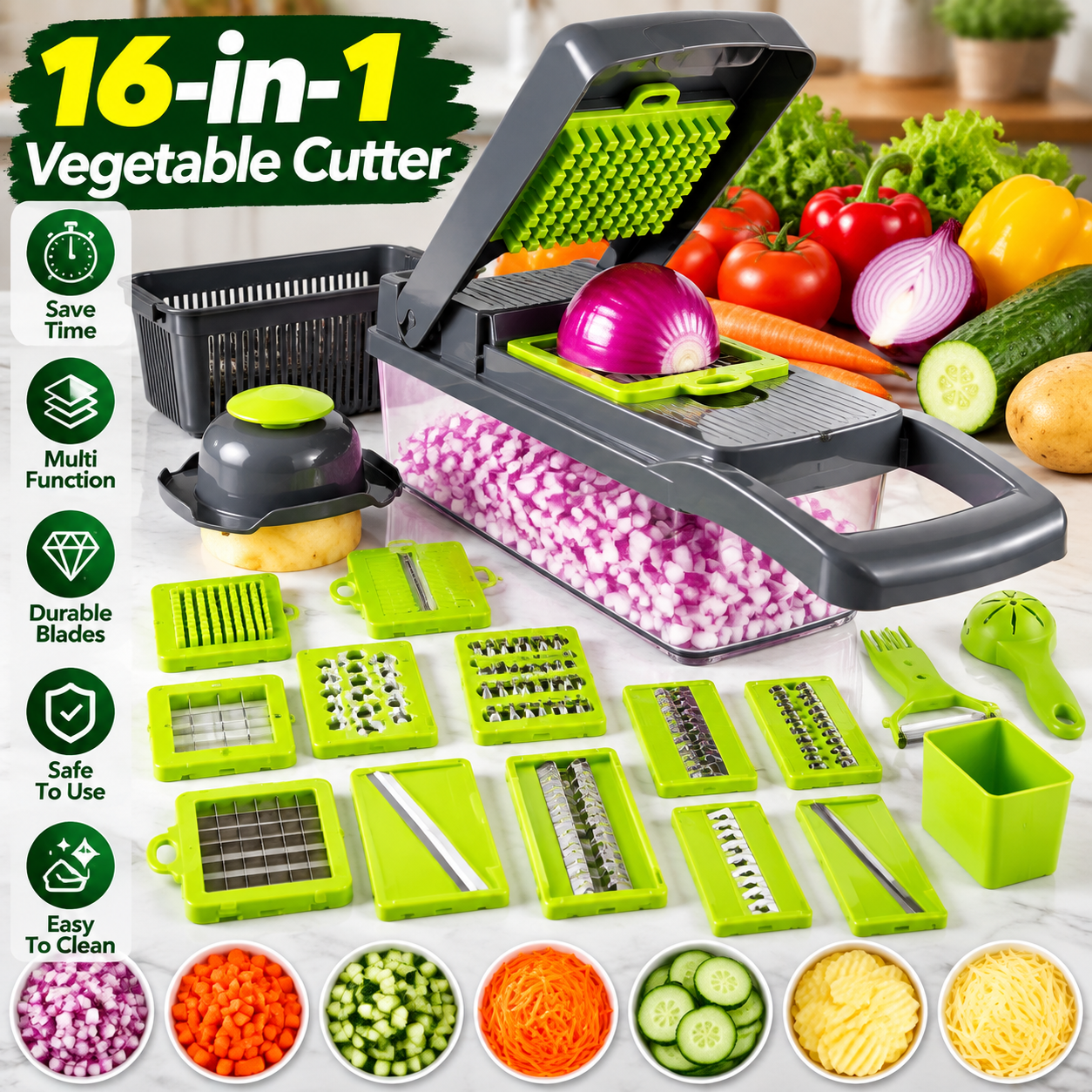 16-in-1 Vegetable Cutter – Multifunction Vegetable Slicer & Chopper